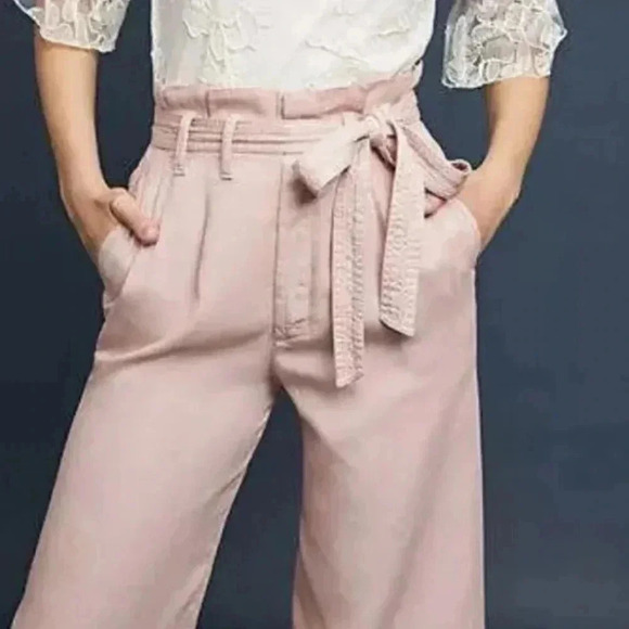 Anthropologie Blythe Wide Leg Pants Paper Bag Tie Waist Light Pink Bow 2 - Picture 3 of 15